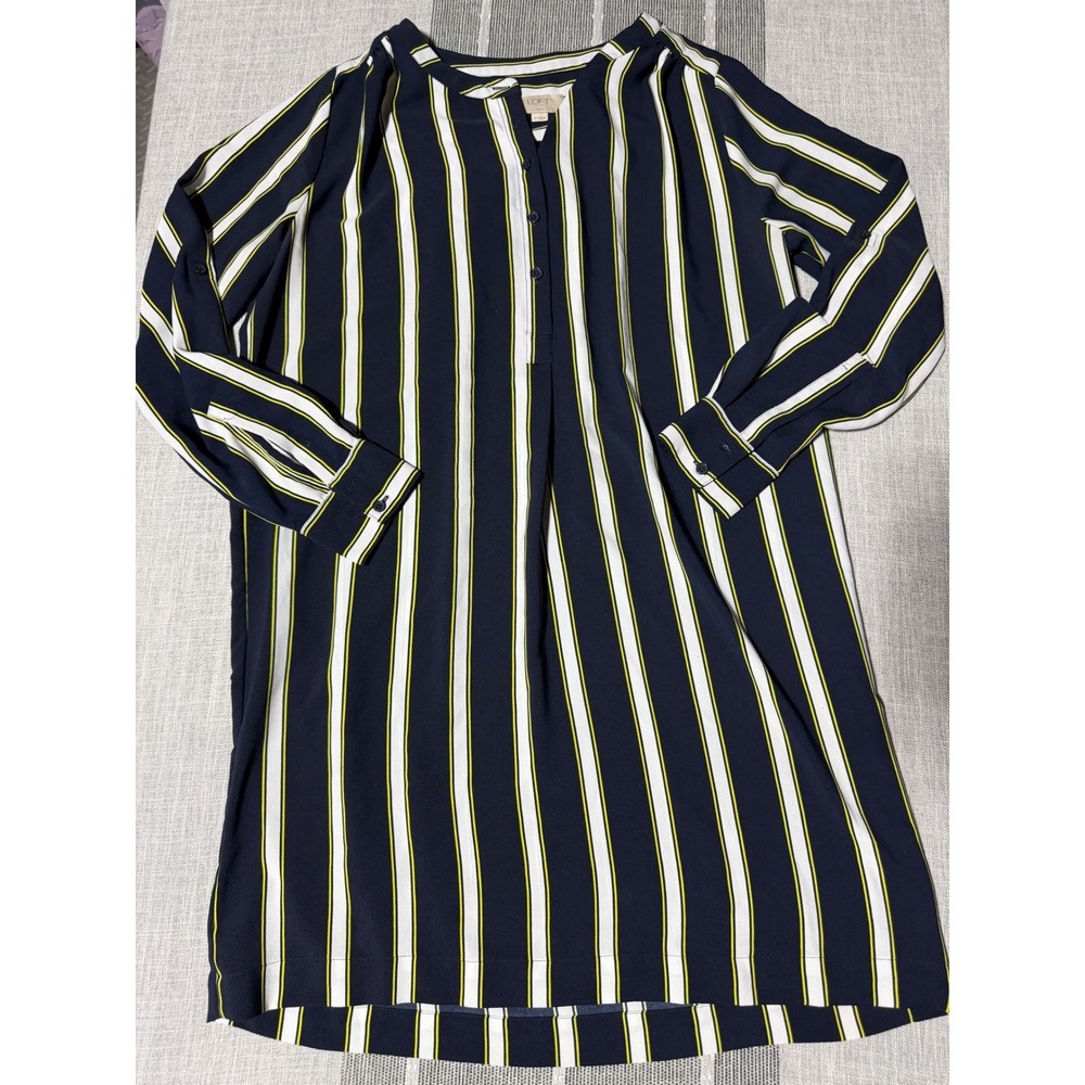 Loft Petite Small Navy Striped Shift Dress Long Sleeve Split Neck shift dress